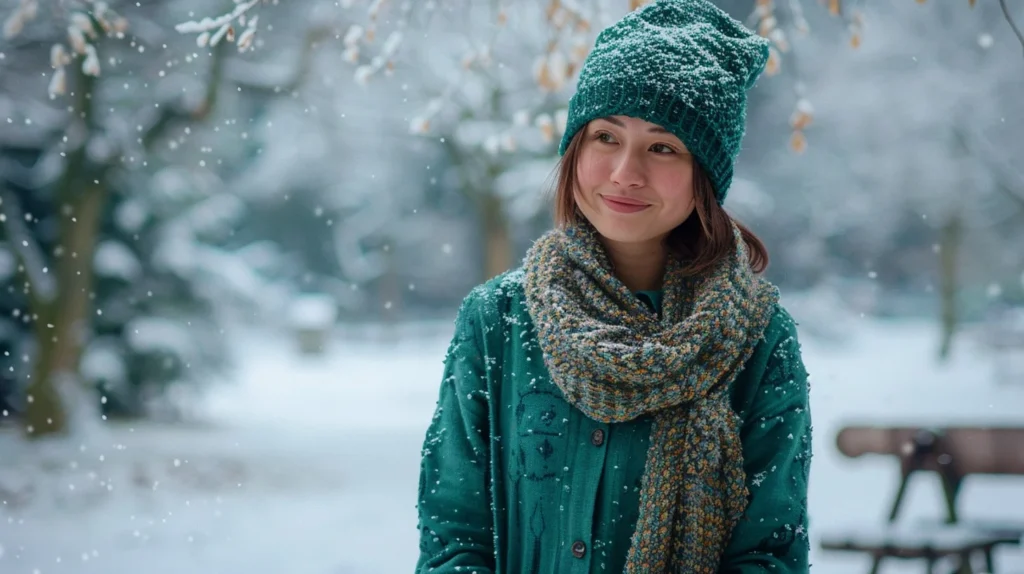 Associer un bonnet avec une tunique verte pour un look d’hiver dynamique